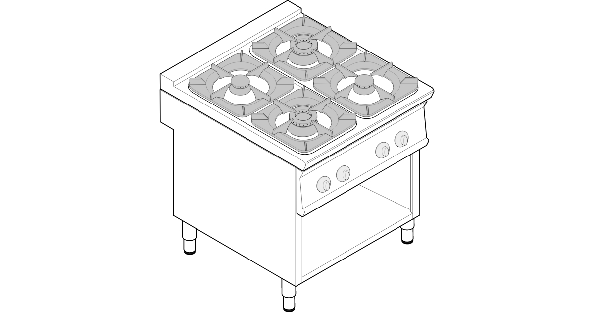 PIANO COTTURA A GAS 4 FUOCHI SU VANO APERTO. GRIGLIA IN GHISA