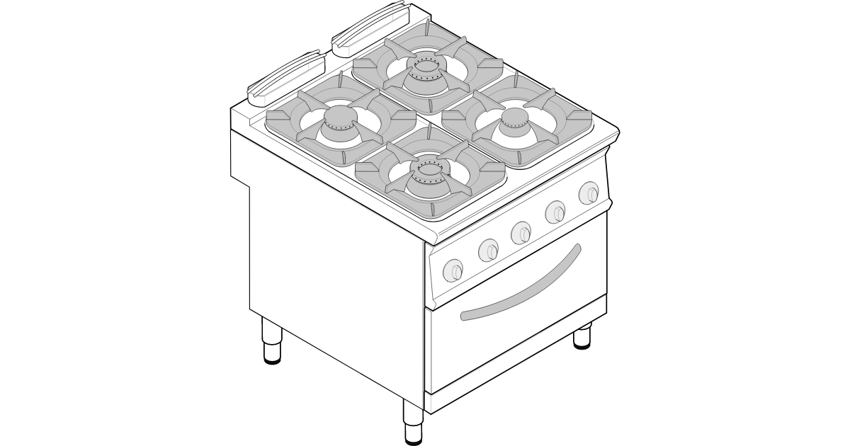 4 BURNERS GAS BOILING TOP WITH CAST IRON GRIDS ON GN 2/1GAS STATIC OVEN  WITH 1GRID - Tecno90