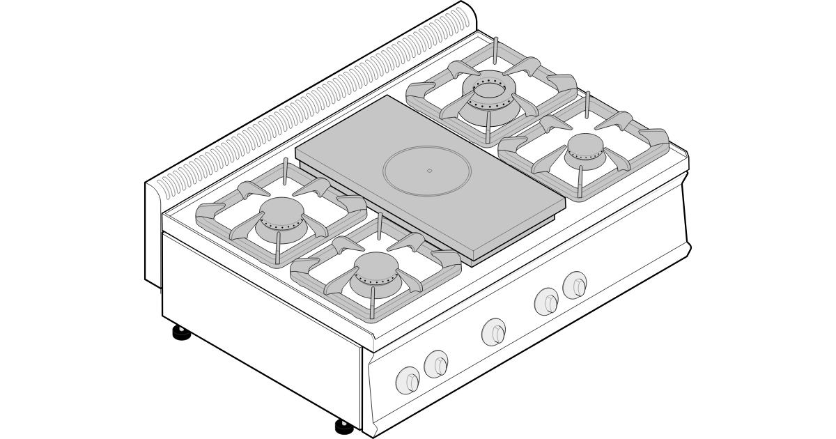 PIANO COTTURA GAS 4 FUOCHI CON GRIGLIE IN GHISA E PIASTRA RISCALDANTE TOP -  Tecno70