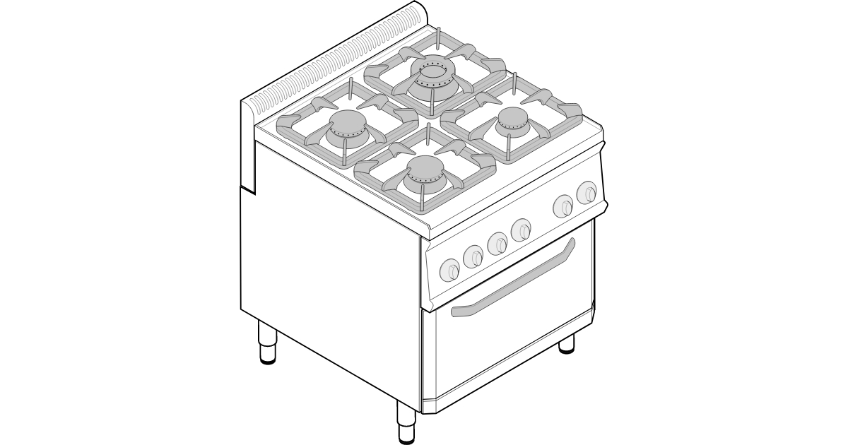 Cucina a gas 4 fuochi su forno gas statico GN2/1 serie Tecno74 mod.PFG8GG7  Tecnoinox