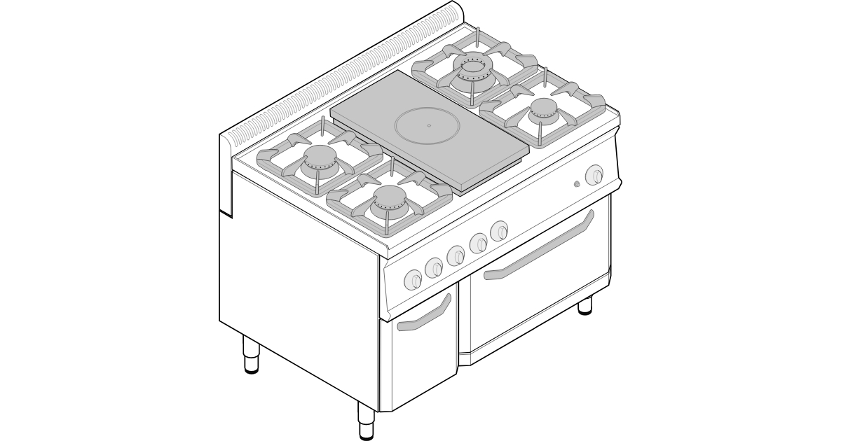 CUCINA GAS 4 FUOCHI SUPER CON FORNO GAS STATICO GN2/1 E 1 GRIGLIA - Tecno74